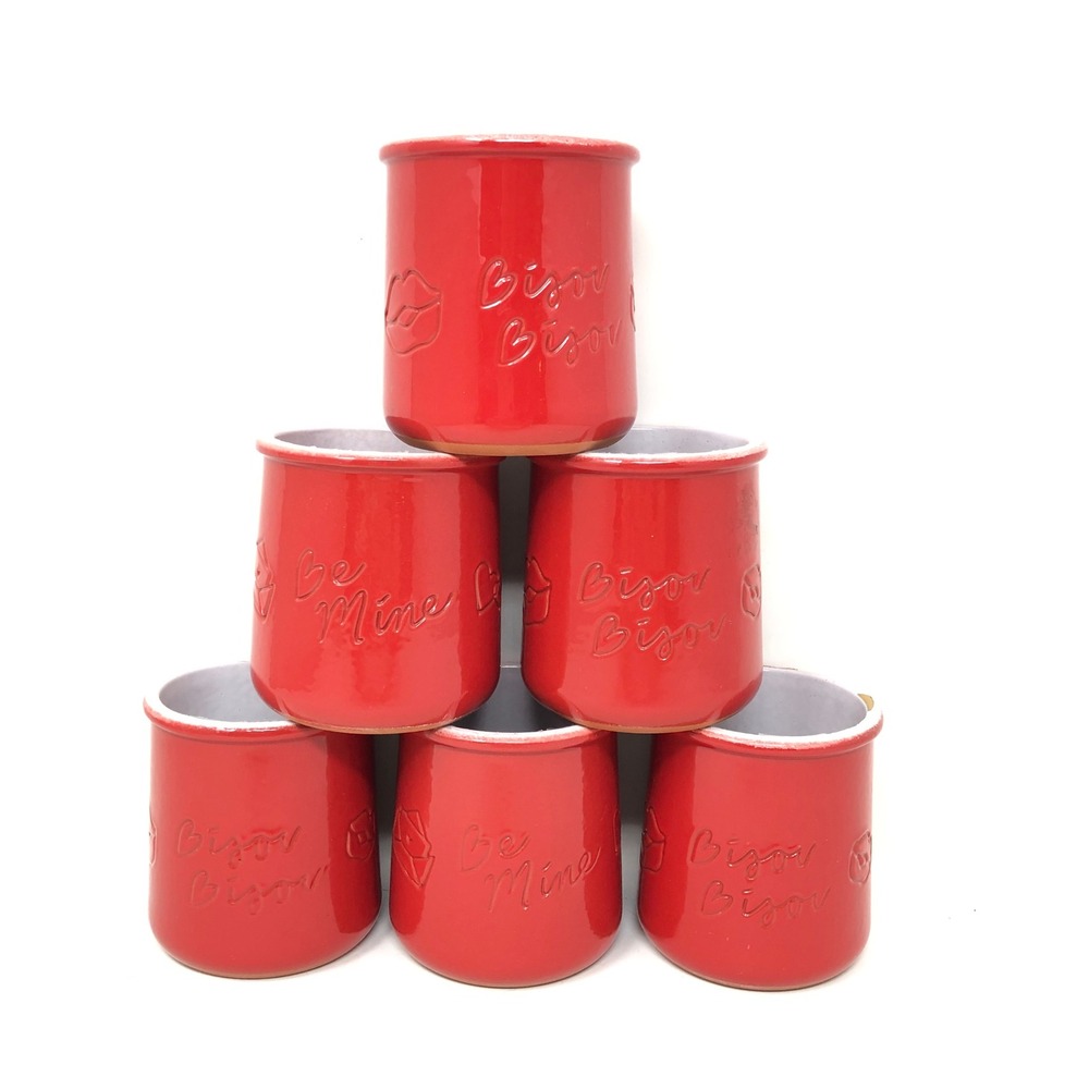 La Fermiere Red Ceramic Yogurt Jars Set of 6 Be Mine Bisou Bisou‎ Valentine